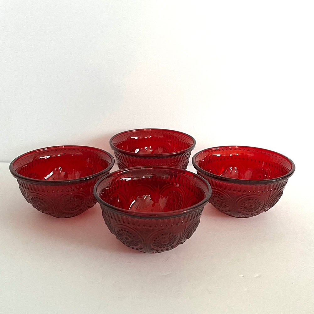 Pioneer Woman Adeline Red Glass Prep Bowls Set 4 Embossed Floral Sunburst Glass